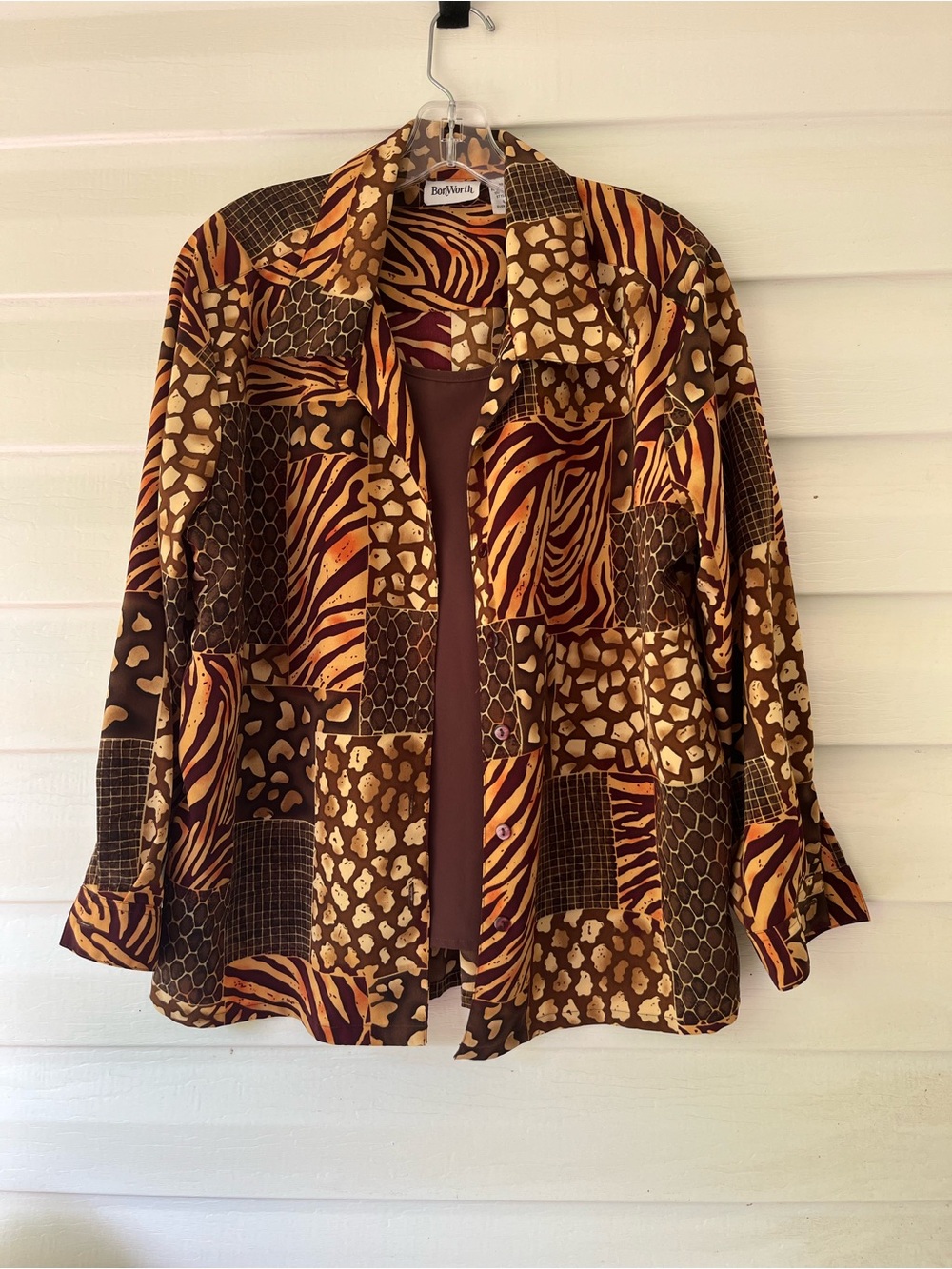 BonWorth Patchwork Animal Print Button-Front Shirt in Brown and Gold  L